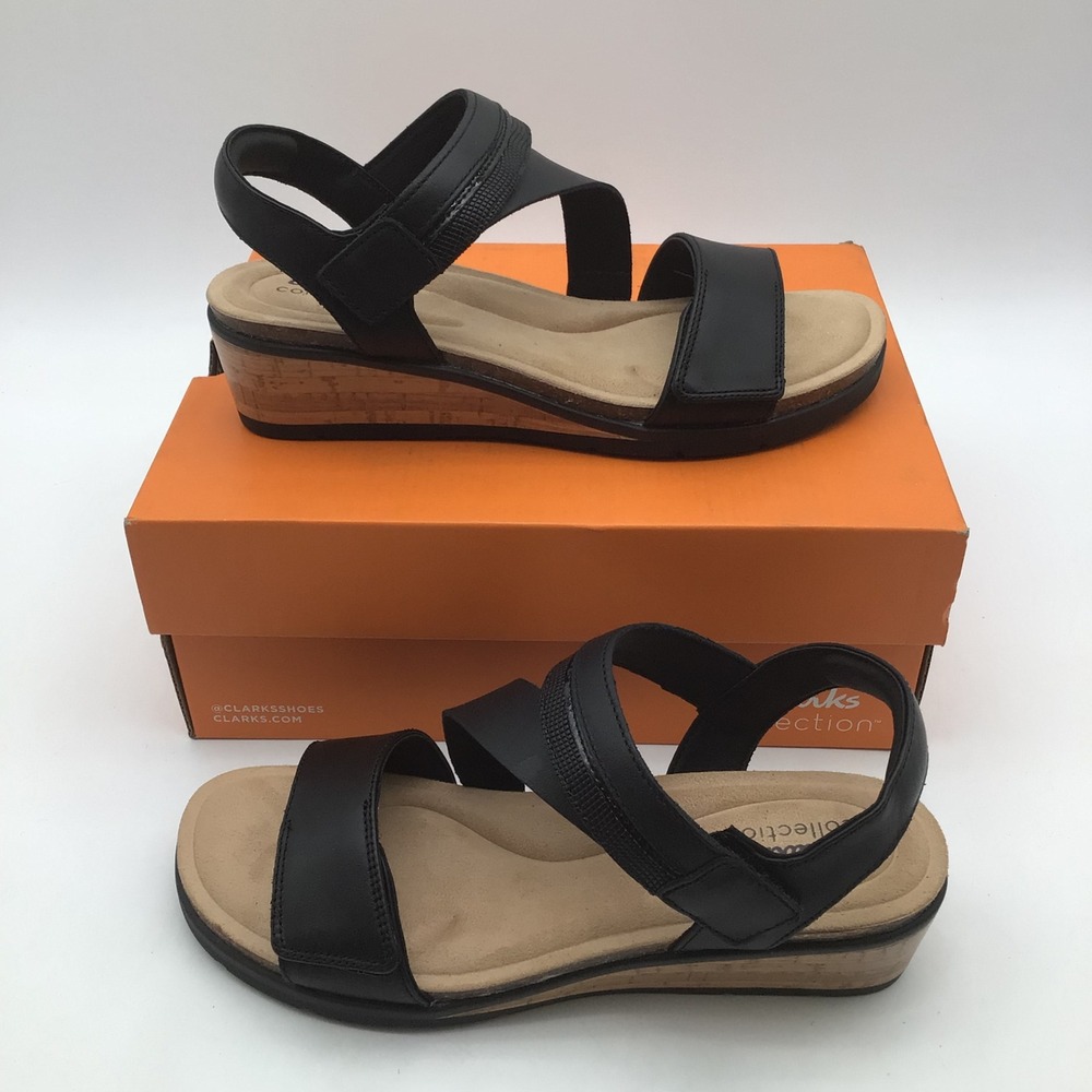 Clarks Collection Kacha Wave Black Cork Wedge Sandals Womens Size 8.5 M NEW